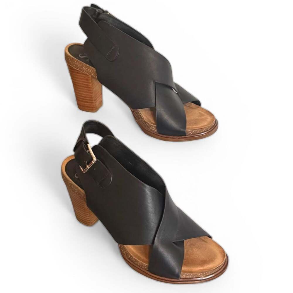 Söfft Mendi Black Leather Crossover Slingback Sandal Block Heel